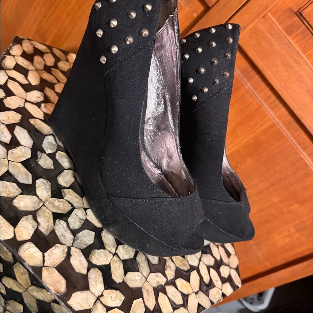 Material Girl Black Wedges with Stud Accents